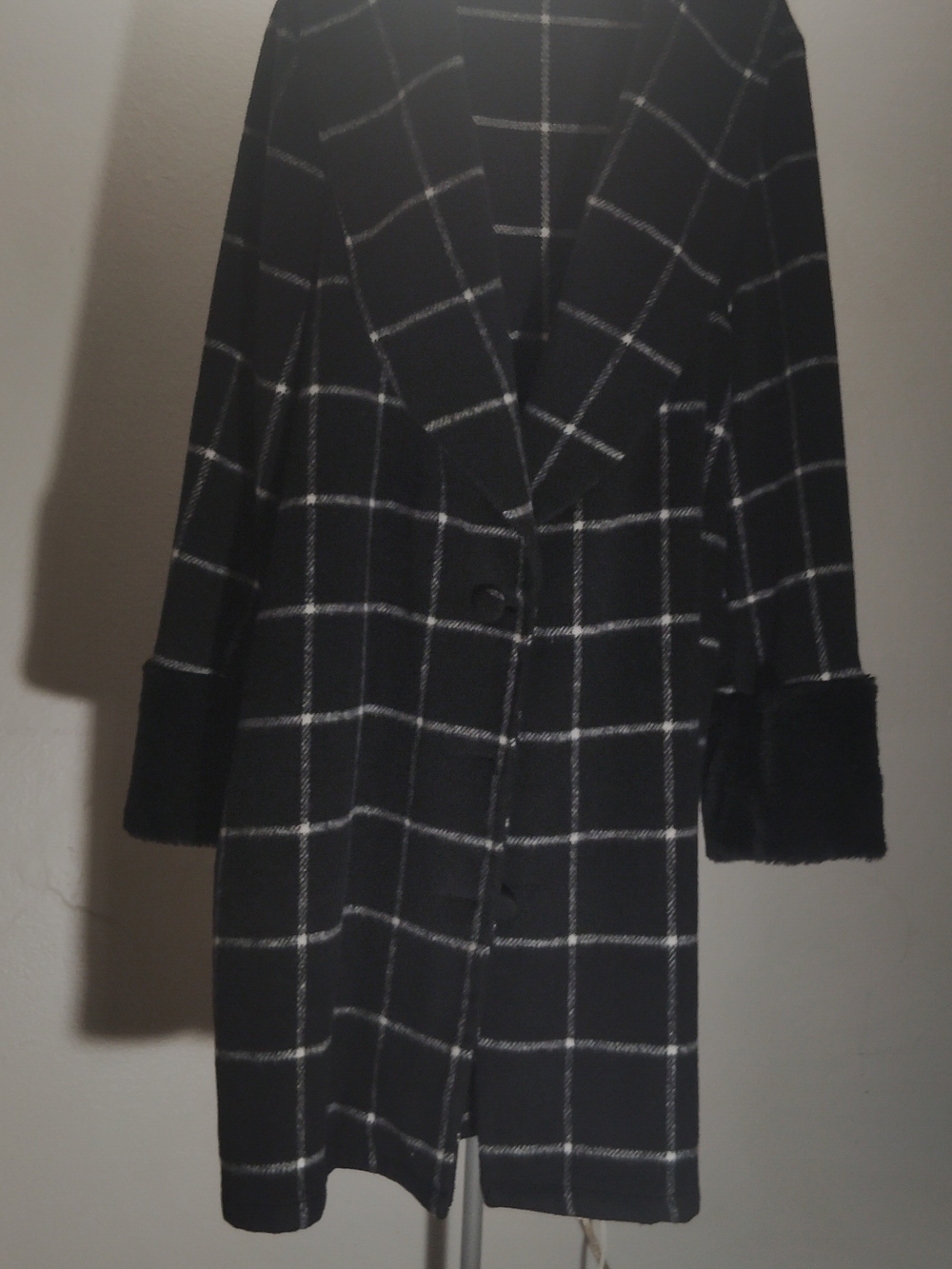 SHEIN Black Windowpane Trench Coat with Fur Cuffs Shein size 4xl